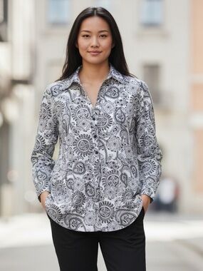 Essentials by Milano Black & White Knit Paisley Button-Down Shirt L